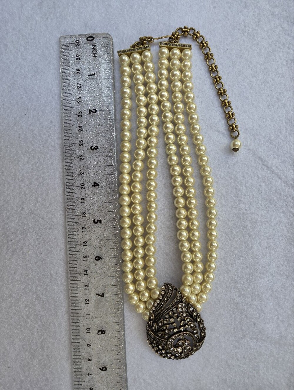 Elegant Ivory Pearl Multi-Strand Necklace with Crystal Pave Pendant - Picture 5 of 11